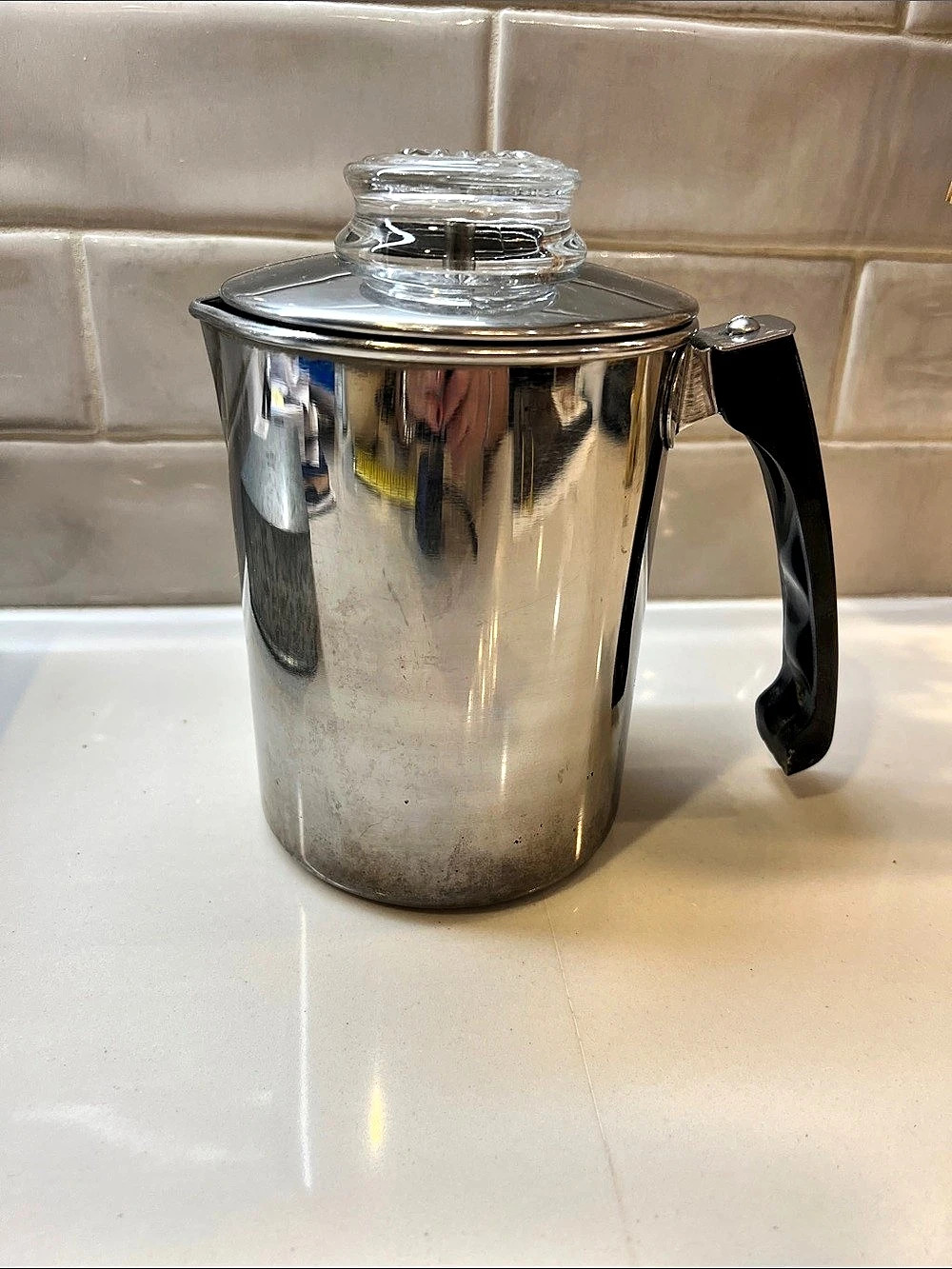 Vintage Stainless Steel Percolator Coffee Pot Silver & Black with Glass Knob